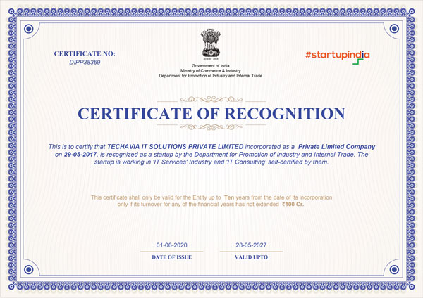 Start up India certification of Techavia IT solutions.