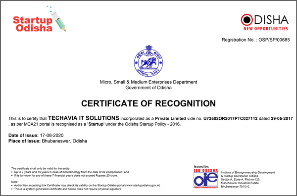 Techavia IT Solutions is incorporated as pvt ltd by Start up odisha